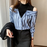 Fake Two Piece Off Shoulder Striped Blouse Shirt