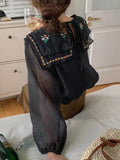 Florals Embroidery Square Collar Retro Blouse Shirt