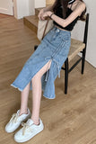 High Waist Rutched Split Long Denim Skirts