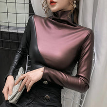 Half Color Long Sleeve Turtleneck Leather Tops