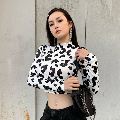 Cow Pattern Printed Skinny Long Sleeve Shirt