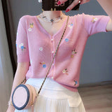 Short Sleeve Floral Embroidery Thin Knitted Cardigans Sweater