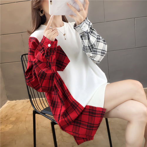 Side Plaid Patchwork O-Neck Sweatshirt