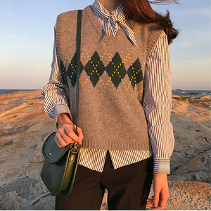 Vintage Geometric Argyle V-Neck Sleeveless Knitted Vest Sweater
