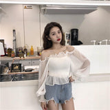 Lantern Sleeve Solid Lace Slash Neck Shirt