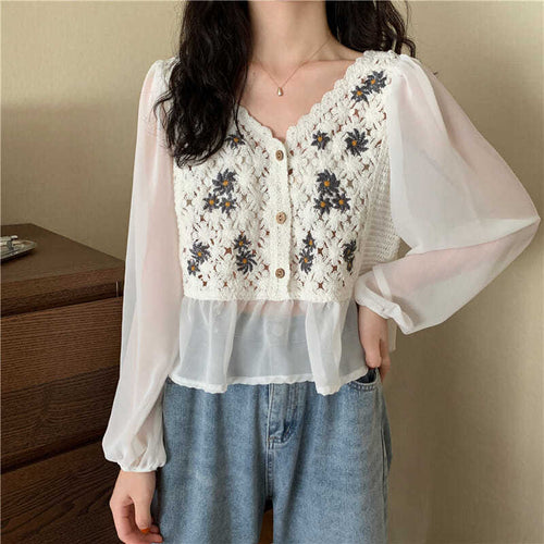 V-Neck Floral Knitted Stitching Chiffon Blouse Shirt