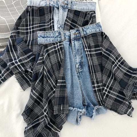 Plaid Stitching Two Style Wide Leg Denim Shorts
