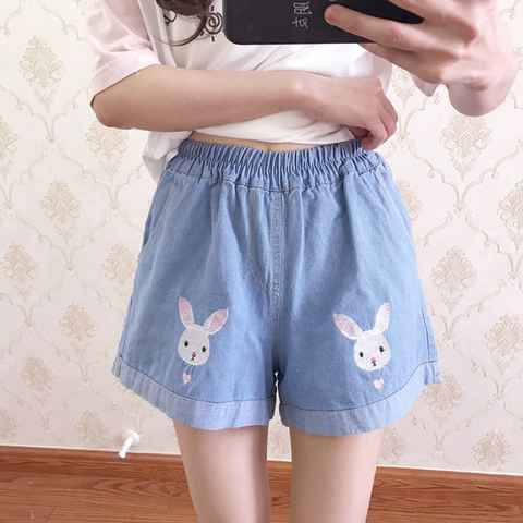 Vintage Embroidery Cute Rabbit Denim Shorts