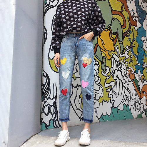 Love Heart Embroidery Jeans