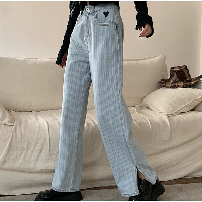 High Waist Striped with Little Split Leg Flare Jeans