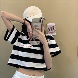 Black and White Striped Casual Cropped Shirt
