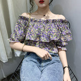 Off Shoulder Slash Neck Flowers Ruffles Shirt