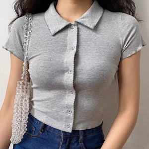 Solid Lapel Collar Cropped Slim Shirts