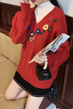 Flower Embroidery V-Neck Knitted Loose Sweater