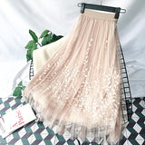 Floral Embroidery A Line Tulle Mesh Pleated Skirt