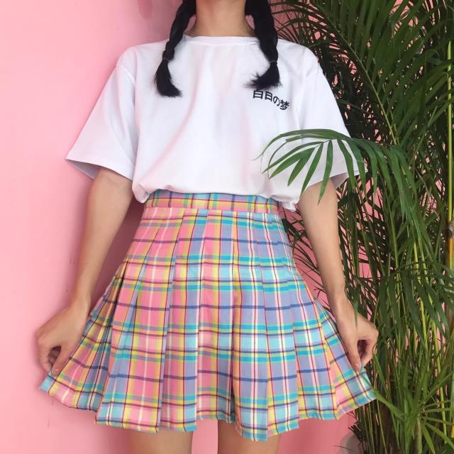 High Waist Rainbow Plaid Skirt 