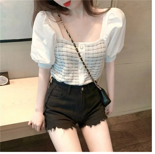 Short Sleeve Stitching Square Collar Blouse Shirt