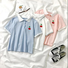 Cherry Pocket Embroidery Loose Polo Shirt