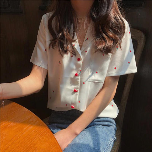 Cute Little Strawberry Printed Short Sleeve Shirt