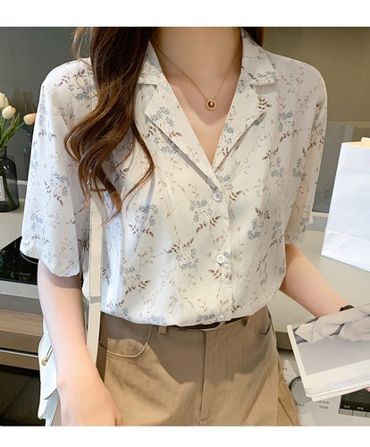 Floral Pattern Notched Collar Blouse Shirt