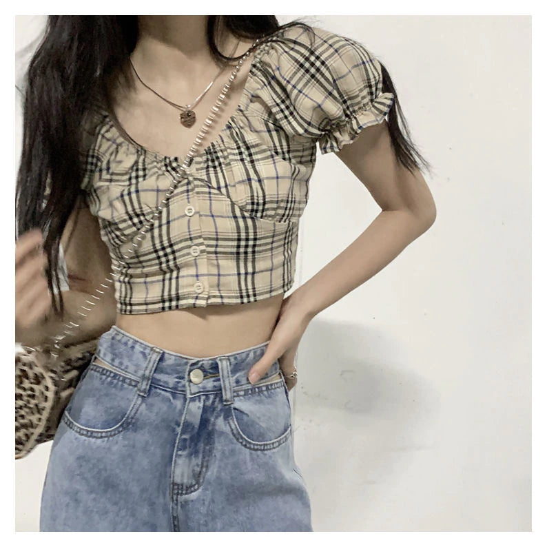 Puff Sleeve Plaid Sexy Crop Tops – Tomscloth