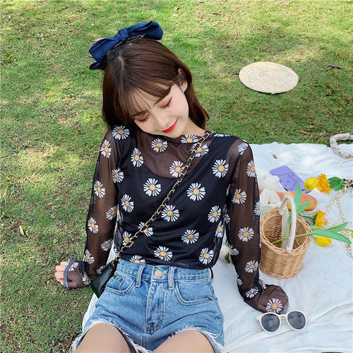 Daisy Printed O-Neck Sexy Transparent Shirt