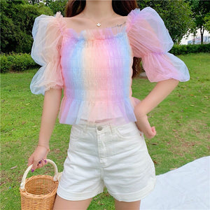 Rainbow Puff Sleeve Square Neck Mesh Blouse