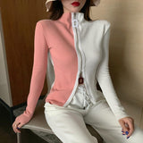 Double Colors Slim Zipper Turtleneck Long Sleeve Shirt