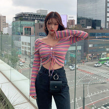 Sexy Long Sleeve Color Striped Crop Tops