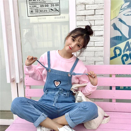 Love Embroidery Tie Belt Adjustable Denim Ankle Jumpsuit