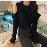 Long Sleeve Hole Shoulder O-Neck Shirt