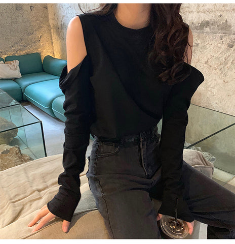 Long Sleeve Hole Shoulder O-Neck Shirt