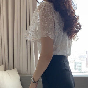 Stand Collar Short Sleeve Lace Floral Shirt