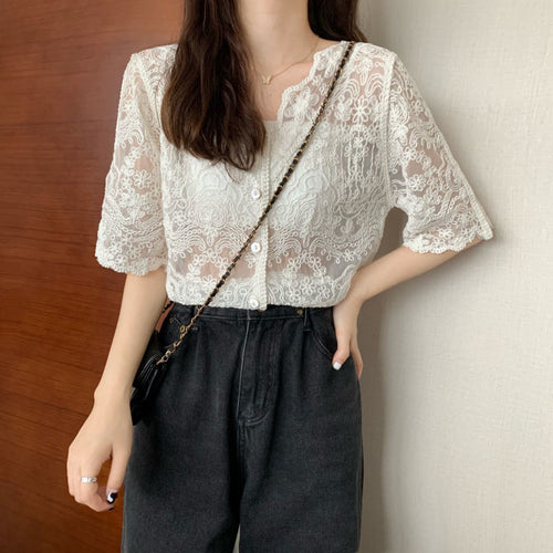 Short Sleeve Lace Transparent Sexy Shirt