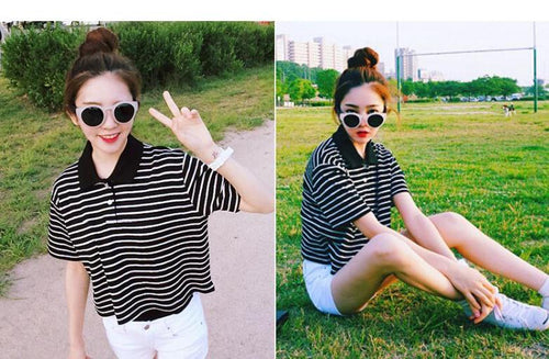 Vintage Stripes Cropped Style Turn Down Collar Shirt