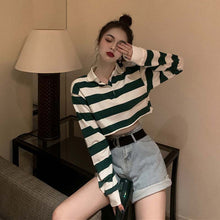 Long Sleeve Polo Collar Striped Crop Shirt