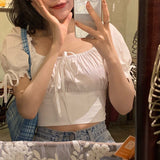 Puff Sleeve Bow Cropped Slim Shirt