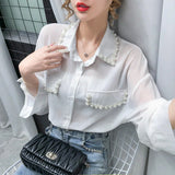 Long Sleeve Pearls Beading Chiffon Blouse Shirt