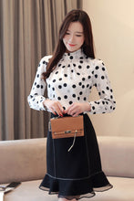 Long Sleeve Polka Dot Stand Collar Blouse Shirt