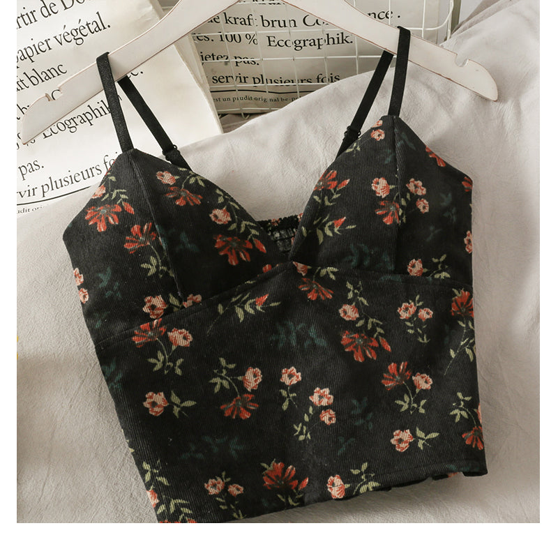 Backless V-Neck Floral Printed Tank Crop Tops