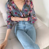 Thin Flowers Pattern Chiffon Blouse Shirt