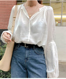 Long Sleeve V-Neck Chic Elegant Blouse Shirt