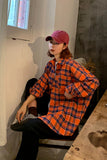 Loose Casual Orange Plaid Long Sleeve Shirt