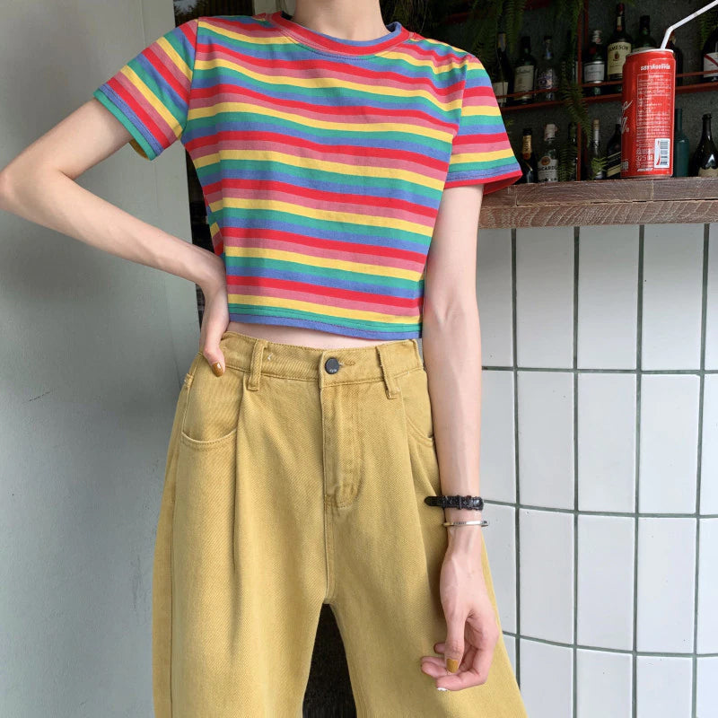 Rainbow Striped Cropped Slim Shirt – Tomscloth