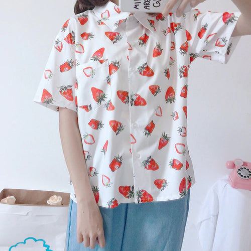 Turn Down Collar Strawberry Blouse Shirt