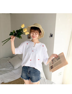 Red Heart Embroidered Cute Fresh Casual Loose Shirt