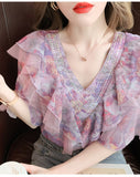 Retro V-Neck Floral Chiffon Blouse Shirt