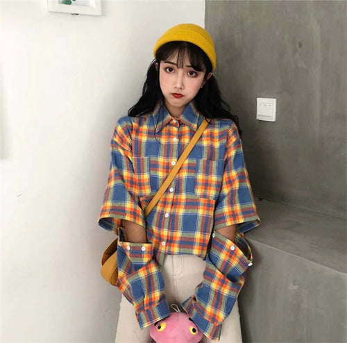 Spliced Sleeves Plaid Shirt