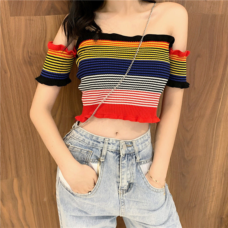 Ruffles Knitted Striped Sexy Off Shoulder Crop Tops