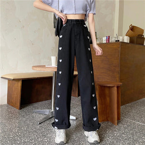 High Waist Heart Embroidered Long Jeans Pants